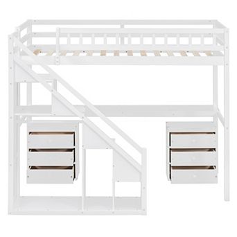 Trikiousd LED Twin Solid Wood Loft Bed Frame w/ Desk, 2 Chest of Drawers & Storage Staircase