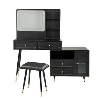 Trikiousd 2-in-1 Makeup Vanity Desk with Mirror Charging Station, Dressing Table and Stool Set