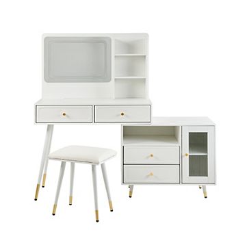 Trikiousd 2-in-1 Makeup Vanity Desk with Mirror Charging Station, Dressing Table and Stool Set