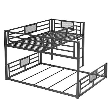 Trikiousd L-Shaped Low Heavy Duty Metal Bunk Bed Frame with Guardrail, Twin Over Full