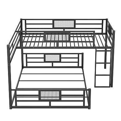 Trikiousd L-Shaped Low Heavy Duty Metal Bunk Bed Frame with Guardrail, Twin Over Full