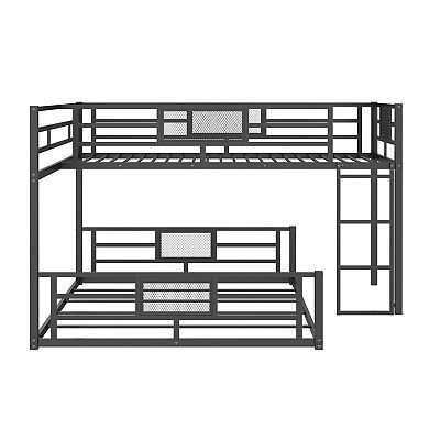 Trikiousd L-Shaped Low Heavy Duty Metal Bunk Bed Frame with Guardrail, Twin Over Full