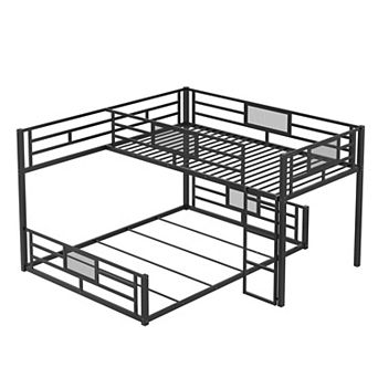 Trikiousd L-Shaped Low Heavy Duty Metal Bunk Bed Frame with Guardrail, Twin Over Full