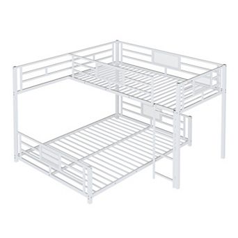 Trikiousd L-Shaped Low Heavy Duty Metal Bunk Bed Frame with Guardrail, Twin Over Full