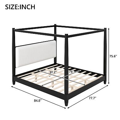 Trikiousd King Size Solid Wood Canopy Bed Frame with Upholstered Headboard & Sturdy Legs