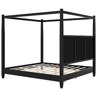 Trikiousd King Size Solid Wood Canopy Bed Frame with Upholstered Headboard & Sturdy Legs