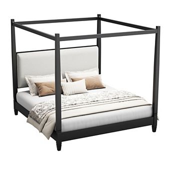 Trikiousd King Size Solid Wood Canopy Bed Frame with Upholstered Headboard & Sturdy Legs