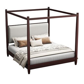 Trikiousd King Size Solid Wood Canopy Bed Frame with Upholstered Headboard & Sturdy Legs