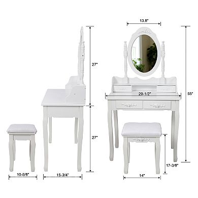 Trikiousd Girls' Bedroom Makeup Vanity Set with Mirror, Princess Dressing Table and Cushioned Stool