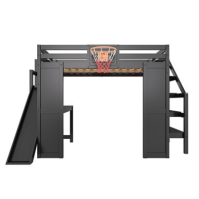Trikiousd Full Size Bunk Bed w/ Desk, Basketball Hoop, Slide & Staircase Storage for Kids,Teens