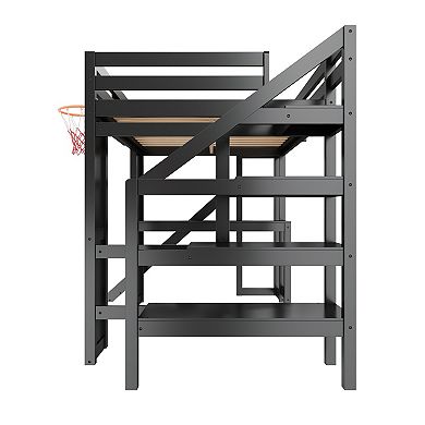 Trikiousd Full Size Bunk Bed w/ Desk, Basketball Hoop, Slide & Staircase Storage for Kids,Teens