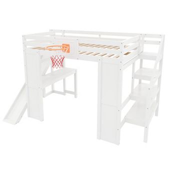 Trikiousd Full Size Bunk Bed w/ Desk, Basketball Hoop, Slide & Staircase Storage for Kids,Teens