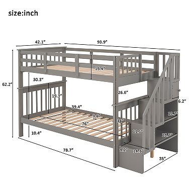 Trikiousd Twin-Over-Twin Stairway Bunk Bed with Storage, into Two Individual Beds