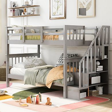 Trikiousd Twin-Over-Twin Stairway Bunk Bed with Storage, into Two Individual Beds