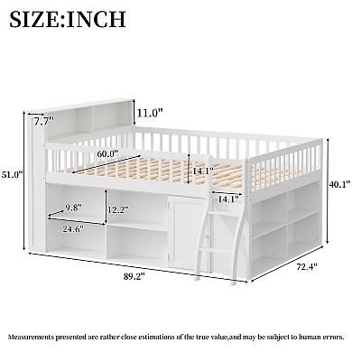 Trikiousd Queen Size Low Loft Bed Montessori Bed Frame w/ Headboard Light, Under-Bed Storage Shelves