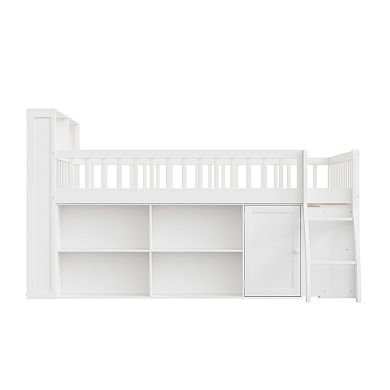 Trikiousd Queen Size Low Loft Bed Montessori Bed Frame w/ Headboard Light, Under-Bed Storage Shelves