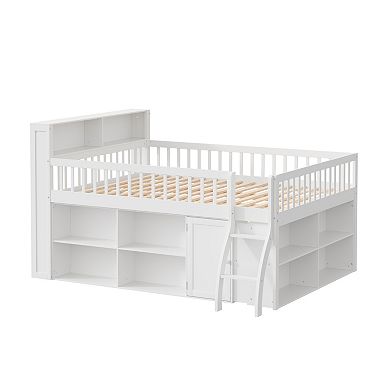 Trikiousd Queen Size Low Loft Bed Montessori Bed Frame w/ Headboard Light, Under-Bed Storage Shelves