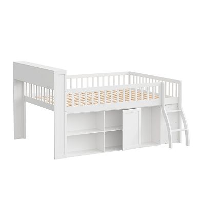 Trikiousd Queen Size Low Loft Bed Montessori Bed Frame w/ Headboard Light, Under-Bed Storage Shelves