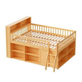 Trikiousd Queen Size Low Loft Bed Montessori Bed Frame w/ Headboard Light, Under-Bed Storage Shelves
