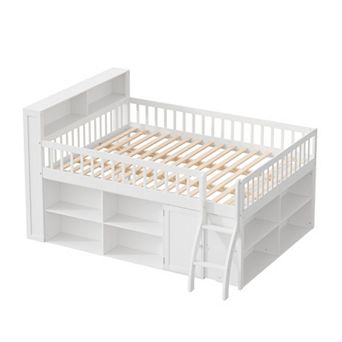 Trikiousd Queen Size Low Loft Bed Montessori Bed Frame w/ Headboard Light, Under-Bed Storage Shelves