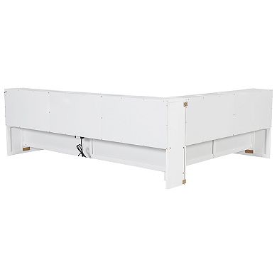 Trikiousd Queen Size L-Shape Wood LED Daybed Corner Floor Storage Bed Frame with Charging Station