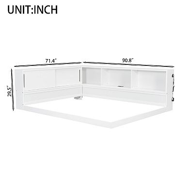 Trikiousd Queen Size L-Shape Wood LED Daybed Corner Floor Storage Bed Frame with Charging Station
