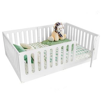 Trikiousd Full Size Wood Bed Kids Montessori Bed Toddlers Floor Bed with Door & High Fence