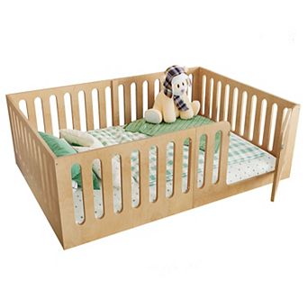 Trikiousd Full Size Wood Bed Kids Montessori Bed Toddlers Floor Bed with Door & High Fence