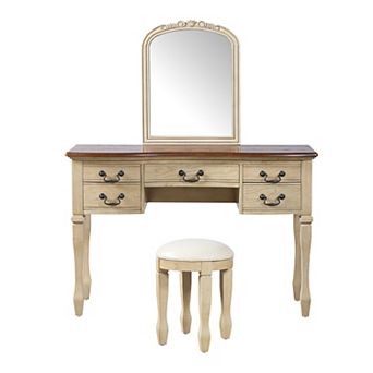 Trikiousd 46" Vintage Makeup Vanity and Leather Stool Set, Curved Flower Frame Mirror Dressing Table
