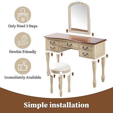 Trikiousd 46" Vintage Makeup Vanity and Leather Stool Set, Curved Flower Frame Mirror Dressing Table