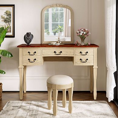 Trikiousd 46" Vintage Makeup Vanity and Leather Stool Set, Curved Flower Frame Mirror Dressing Table