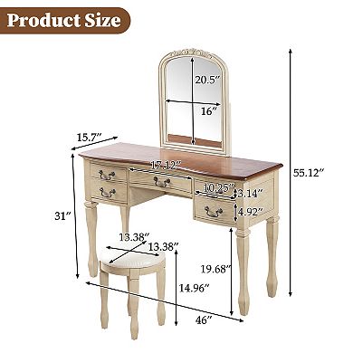 Trikiousd 46" Vintage Makeup Vanity and Leather Stool Set, Curved Flower Frame Mirror Dressing Table
