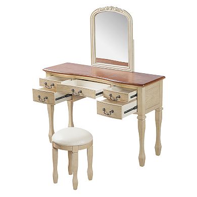 Trikiousd 46" Vintage Makeup Vanity and Leather Stool Set, Curved Flower Frame Mirror Dressing Table