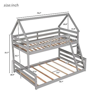Trikiousd Twin over Full Floor House Bunk Bed with Ladder and Guardrails, Convertible to 2 Beds