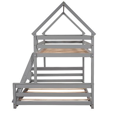 Trikiousd Twin over Full Floor House Bunk Bed with Ladder and Guardrails, Convertible to 2 Beds