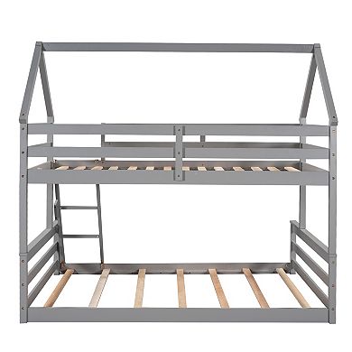 Trikiousd Twin over Full Floor House Bunk Bed with Ladder and Guardrails, Convertible to 2 Beds