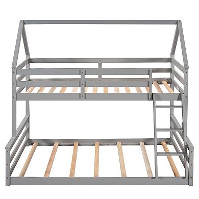 Trikiousd Twin over Full Floor House Bunk Bed with Ladder and Guardrails, Convertible to 2 Beds
