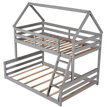 Trikiousd Twin over Full Floor House Bunk Bed with Ladder and Guardrails, Convertible to 2 Beds