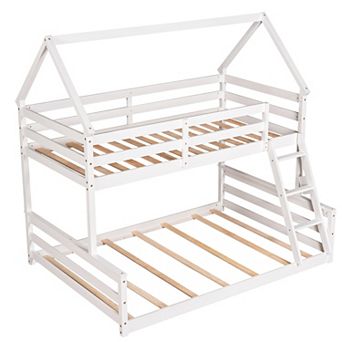Trikiousd Twin over Full Floor House Bunk Bed with Ladder and Guardrails, Convertible to 2 Beds