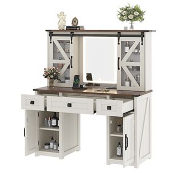 Trikiousd Farmhouse Vanity Desk with LED Mirror, Charging Station & Stool, Barn Door Makeup Cabinet