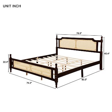 Trikiousd King Size Pine Wood Bed Low Profile Platform Bed Frame w/Rattan Headboard & Footboar