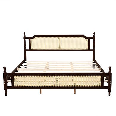 Trikiousd King Size Pine Wood Bed Low Profile Platform Bed Frame w/Rattan Headboard & Footboar