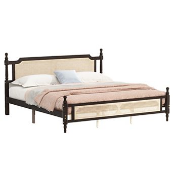 Trikiousd King Size Pine Wood Bed Low Profile Platform Bed Frame w/Rattan Headboard & Footboar