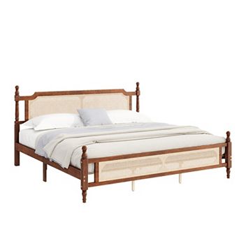 Trikiousd King Size Pine Wood Bed Low Profile Platform Bed Frame w/Rattan Headboard & Footboar