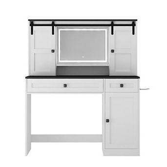 Trikiousd Farmhouse Dressing Table Makeup Vanity Desk with Mirror, Power Outlet & 3 Lighting Modes