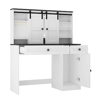 Trikiousd Farmhouse Dressing Table Makeup Vanity Desk with Mirror, Power Outlet & 3 Lighting Modes