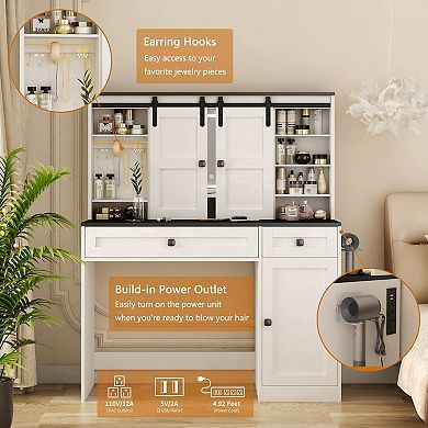 Trikiousd Farmhouse Dressing Table Makeup Vanity Desk with Mirror, Power Outlet & 3 Lighting Modes