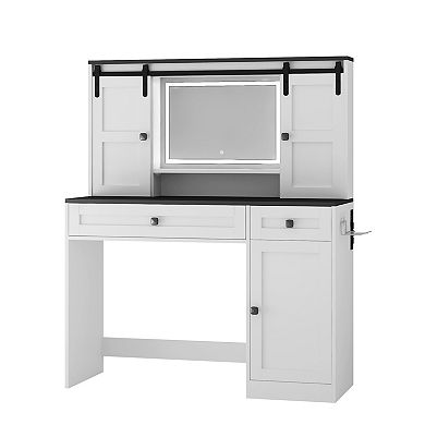 Trikiousd Farmhouse Dressing Table Makeup Vanity Desk with Mirror, Power Outlet & 3 Lighting Modes