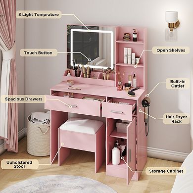 Trikiousd Vanity Desk Set with Stool, LED Light Mirror and Charging Station
