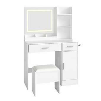 Trikiousd Vanity Desk Set with Stool, LED Light Mirror and Charging Station
